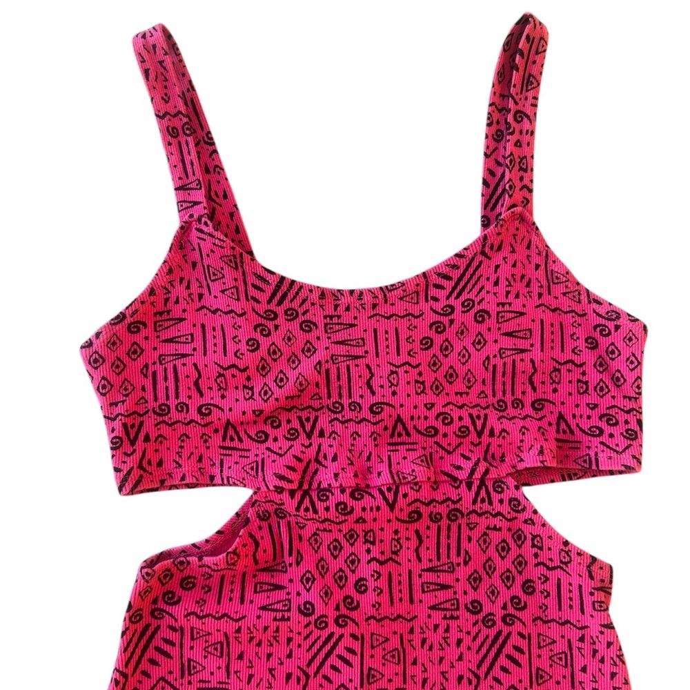 Y2K Material Girl Midi Bodycon Pink and Black Patterned Cutout Dress Ribbed - Picture 2 of 5
